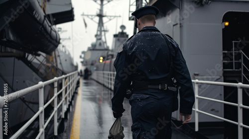 As a naval officer disembarks from a docked warship he turns to look back at it knowing that he will soon be back at sea away from his wife and newborn child.