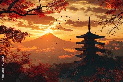 Fuji Majesty: The Breathtaking Beauty of the Iconic Japan Landscape at Sunset, Chureito Pagoda Stands Silhouetted Against the Mount Fuji and the Tokyo Skyline



