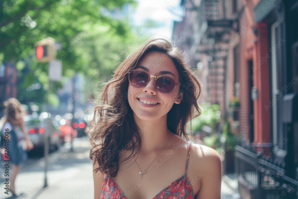 A woman wearing sunglasses and a necklace smiles for the camera A woman wearing sunglasses and a necklace smiles for the camera