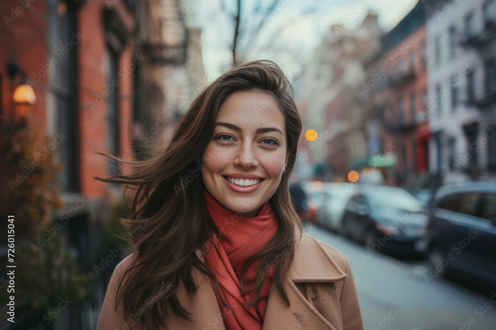 A woman wearing a coat and scarf smiles for the camera