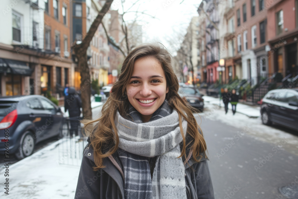 A woman wearing a scarf smiles in front of a snowy street