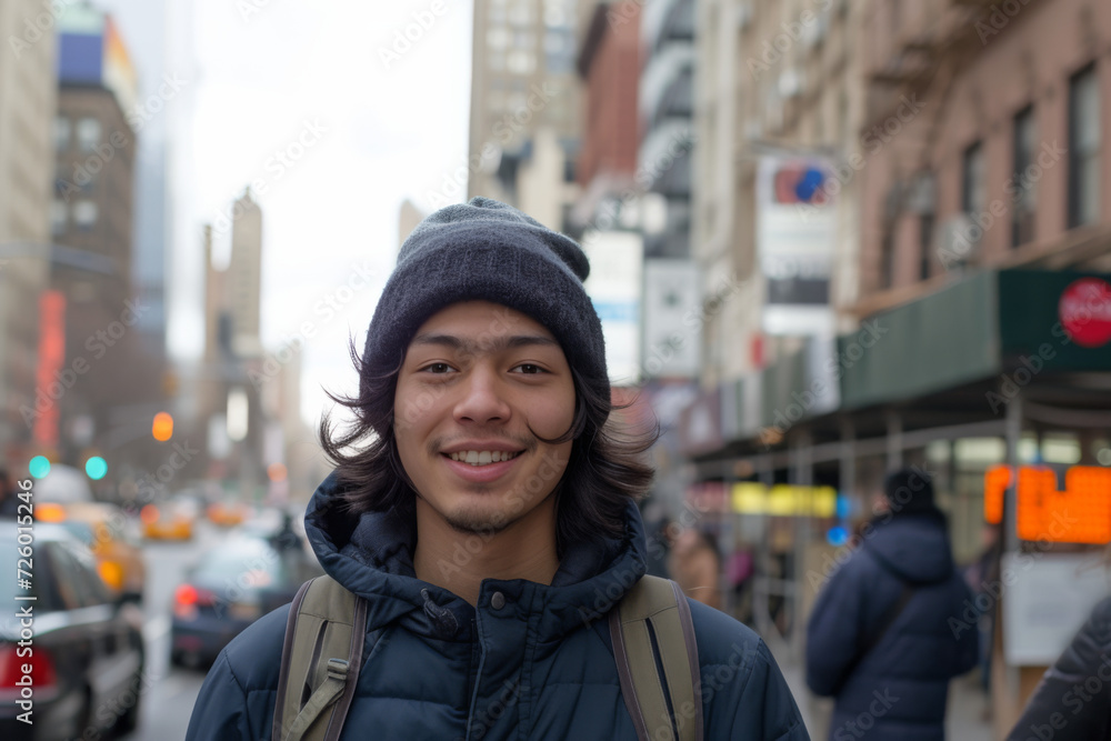 Fototapeta premium A man wearing a beanie and a hooded jacket smiles for the camera