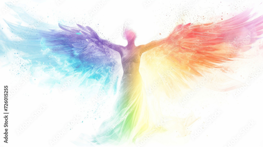 A vibrant rainbowhued angel with every color blending and dancing in perfect symmetry across their translucent body.