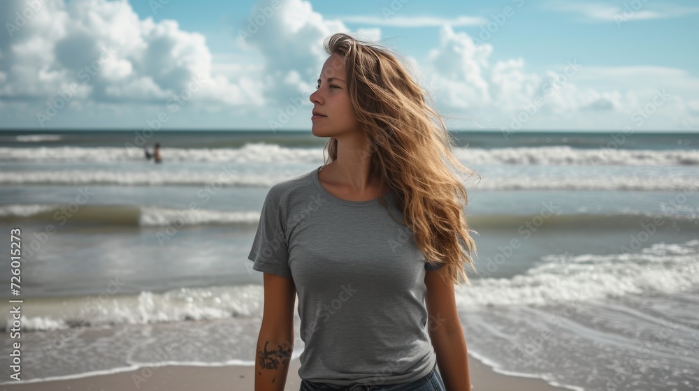 bohemian woman wearing a blank heather gray bella canvas 3001 tshirt mockup, backgound walking on the beach, bohemian woman wearing a blank heather gray bella canvas 3001 tshirt mockup, backgound walking on the beach,
