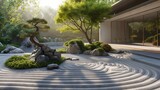 a modern Japanese garden filled with zen garden, plants, trees and a water pond 