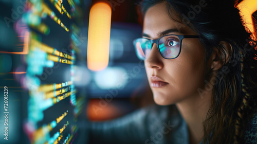 Latin American woman IT computer programmer looking through code and code on web stock in data center