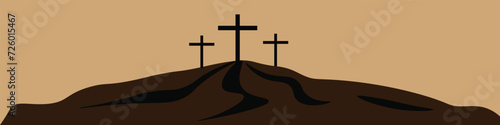 golgotha hill with three jesus cross in the morning golgota easter catholic christianity background brown mountain hill
