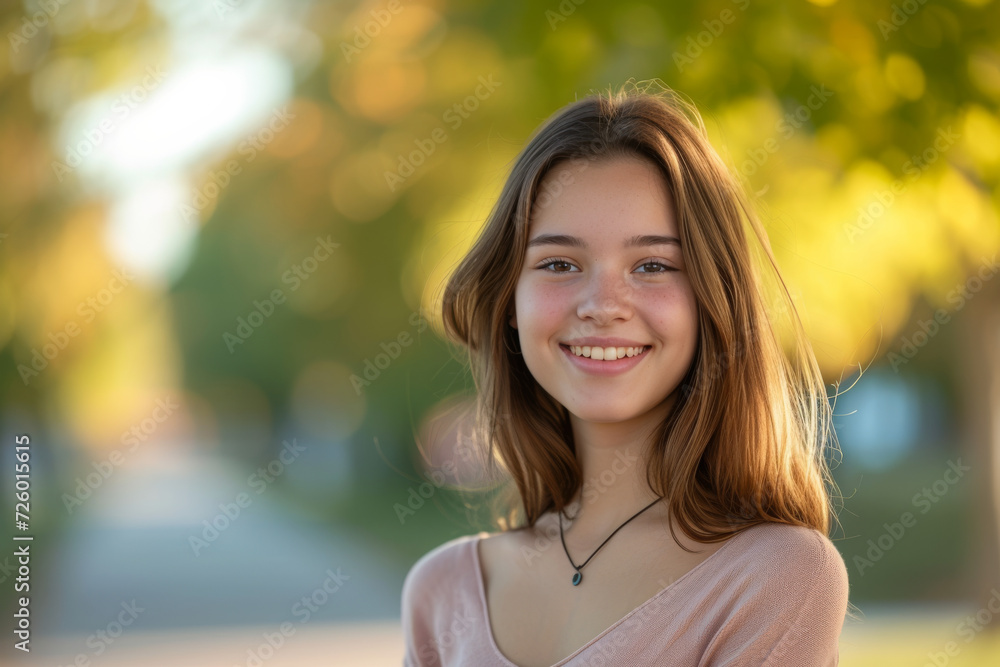 A young woman wearing a pink shirt and a black necklace smiles for the camera A young woman wearing a pink shirt and a black necklace smiles for the camera