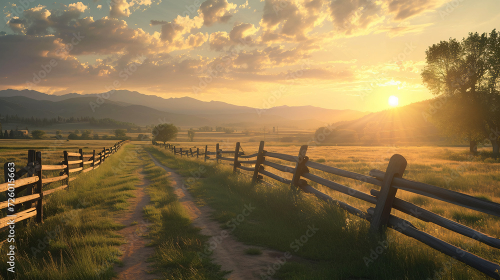 Picturesque landscape of a fenced ranch at sunrise -