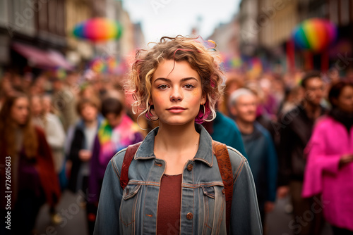 Portrait of a teenage girl with curly hair looking at the camera with a serious expression in the middle of a lgbt pride march. Generative AI