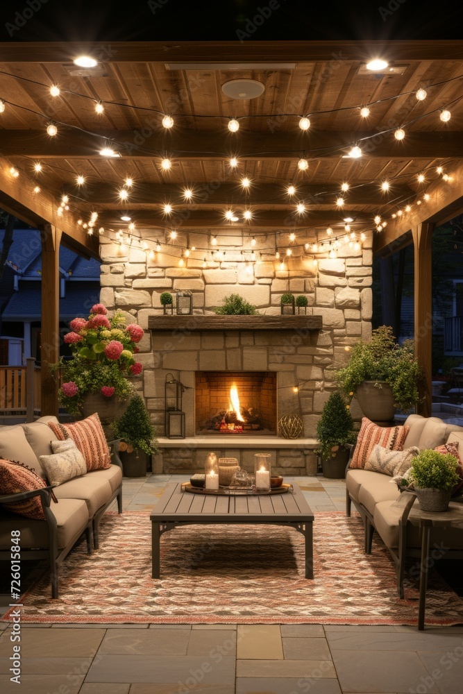 Fototapeta premium outdoor patio in spring, with night lights and fireplace 
