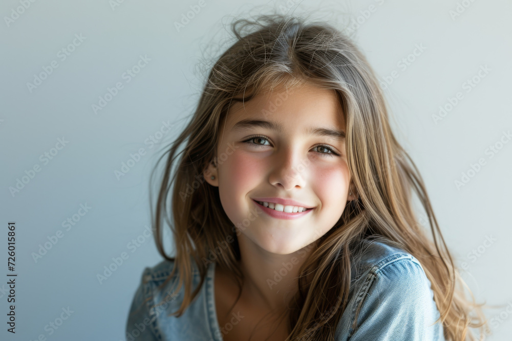 Fototapeta premium A young girl with long hair is smiling for the camera