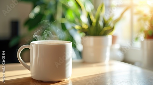 A white mug with steam on a table, backlit by sunlight creating a cozy atmosphere, with a blurred green plant in the background, conveying warmth and relaxation