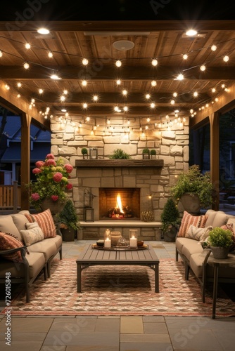 outdoor patio in spring, with night lights and fireplace 