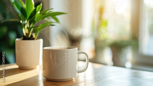 A white mug with steam on a table, backlit by sunlight creating a cozy atmosphere, with a blurred green plant in the background, conveying warmth and relaxation © Lena_Fotostocker
