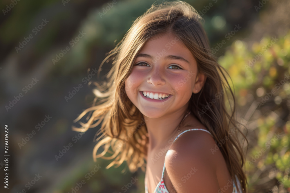 A young girl with long hair is smiling for the camera A young girl with long hair is smiling for the camera