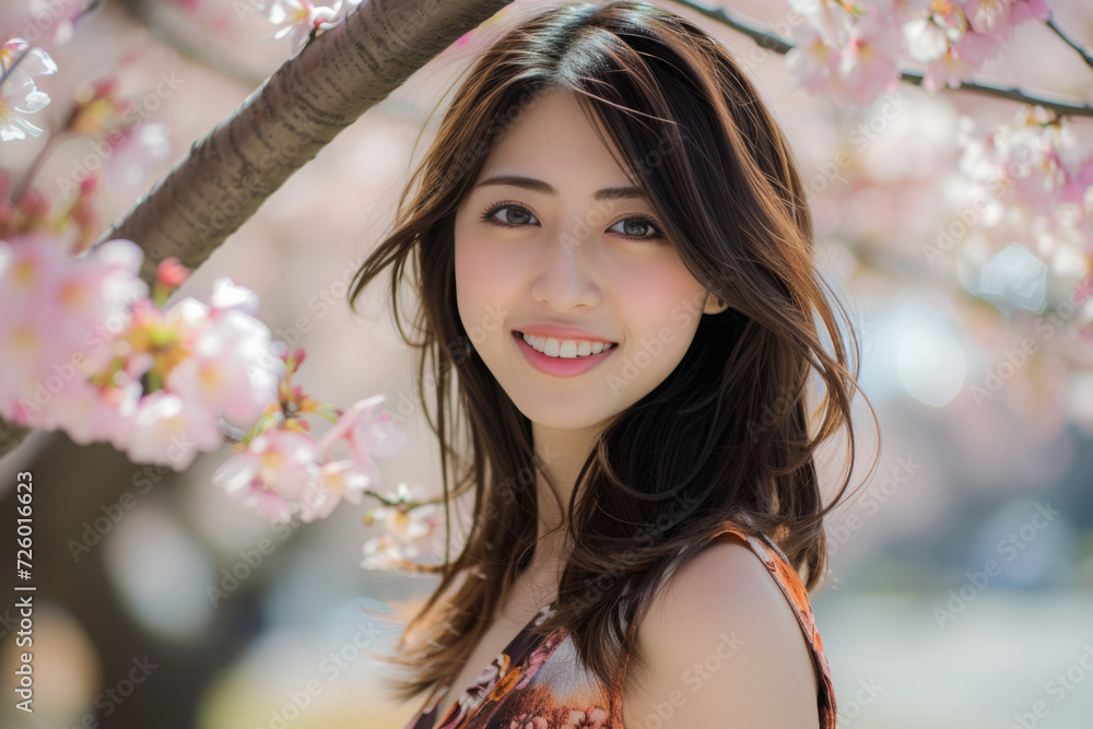 A woman is smiling in front of a tree with pink flowers