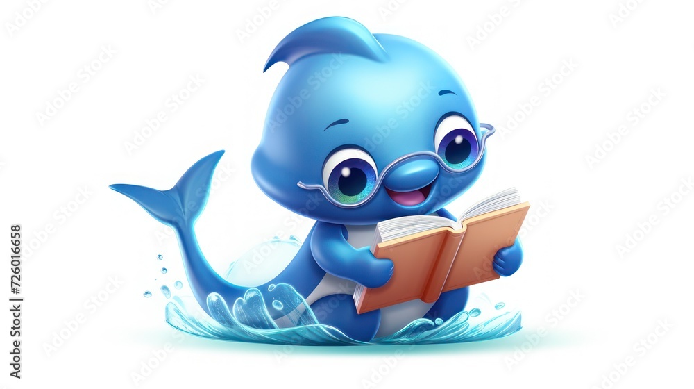Dolphin mascot is reading a book, wearing glasses with smiling