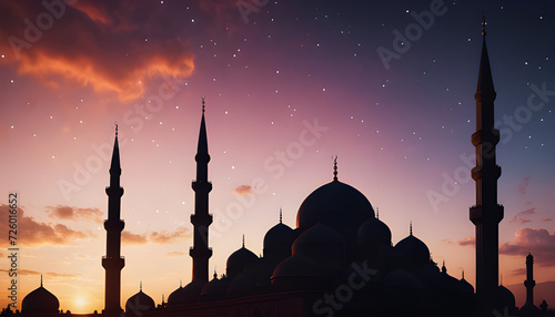 latar belakang yang tenang dengan siluet masjid dengan latar belakang matahari terbenam atau langit malam berbintang. photo
