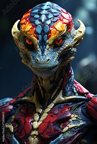 Close up of the head of an alien in the form of a dragon