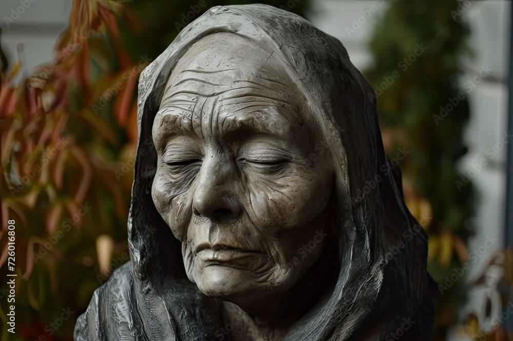 Sculpture of Baba Vanga with closed eyes.