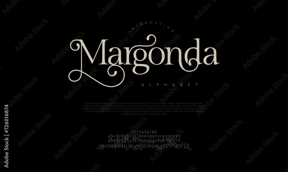 Margonda premium luxury elegant alphabet letters and numbers. Elegant wedding typography classic serif font decorative vintage retro. Creative vector illustration