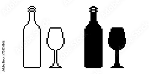 pixel art Wine bottle with wine glass icon set