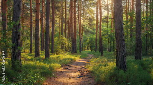 Pine forest panorama in summer. Pathway in the panorama. © Fary