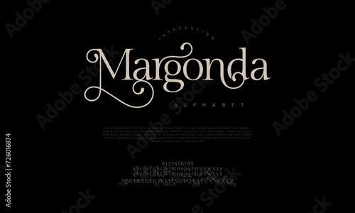 Margonda premium luxury elegant alphabet letters and numbers. Elegant wedding typography classic serif font decorative vintage retro. Creative vector illustration