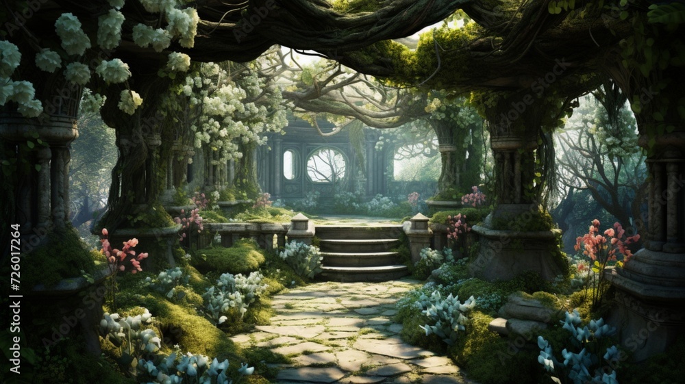 Fototapeta premium Enchanting Whispers Beneath the Canopy of Dreams: Unveiling the Hidden Wonders of a Secret Garden's Mystical Realm in a Symphony of Nature's Beauty and Magic