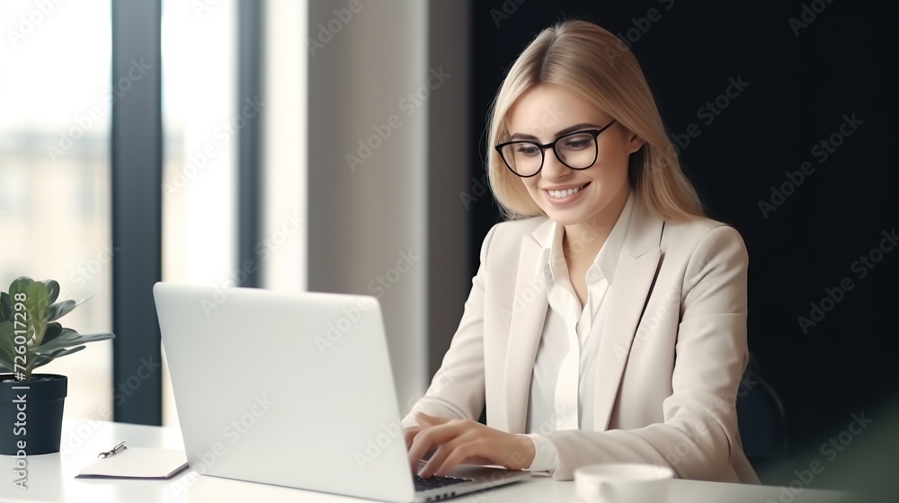 portrait of beautiful cheerful business woman smiling while working with laptop, computer. portrait of beautiful cheerful business woman smiling while working with laptop, computer.