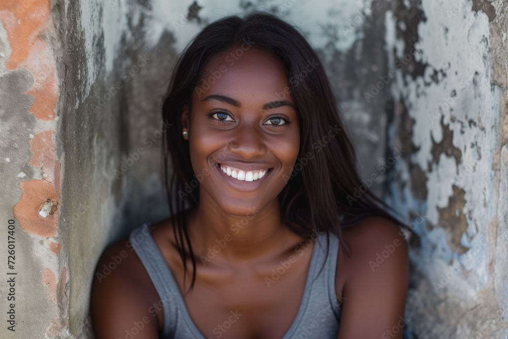 A woman leans against a wall and smiles for the camera A woman leans against a wall and smiles for the camera