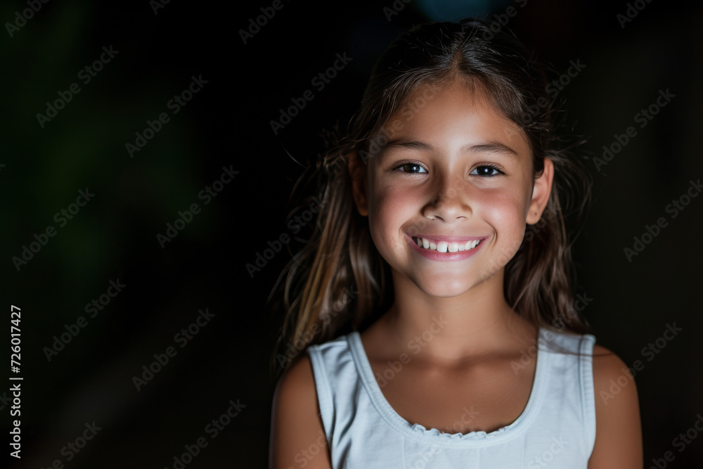 A young girl in a white tank top smiles for the camera