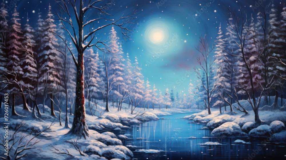 View of a creek in the middle of a pine forest at night during a snowy winter illustration with full moon scene..