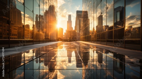 Modern urban downtown skyscrapers, reflection of window glass building with day light, business finance wallpaper background.
