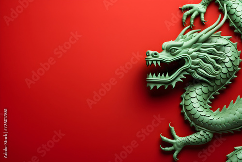 Green Chinese Dragon on red background. The year of the Dragon in China and Eastern Asia. One of the Chinese zodiac signs. New Year of the Dragon 2024. Card or banner with copy space