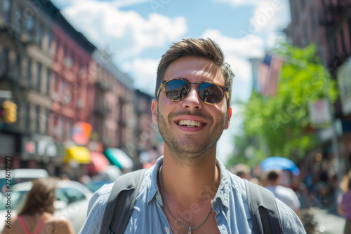 A man wearing sunglasses and a backpack smiles for the camera © MagnusCort