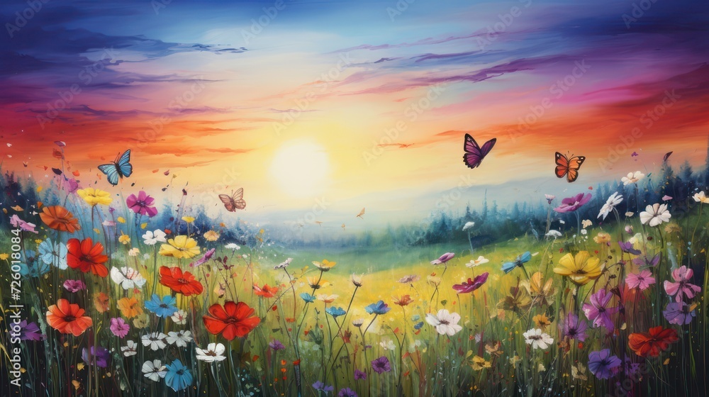 Illustration of a bright flowering garden in the morning with butterflies.