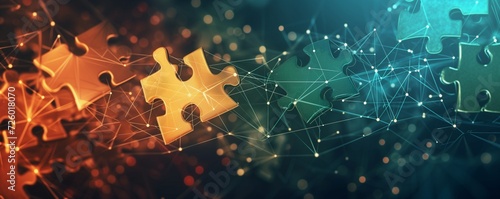 Glowing puzzle pieces connected in a digital network, highlighting concepts of connectivity, problem-solving, and technology photo