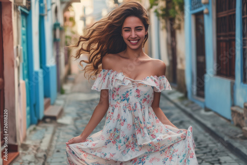 A woman in a floral dress is smiling on a cobblestone street