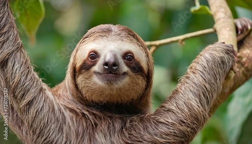 Cute sloth hanging and resting in a tree looking at the camera. A perfect portrait of a wild animal. Tropical animal concept