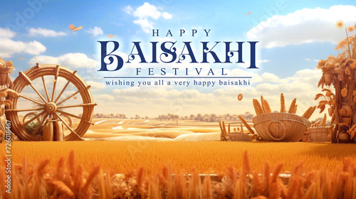 Happy Baisakhi design template, wheat field for Punjabi harvest festival Vaisakhi photo