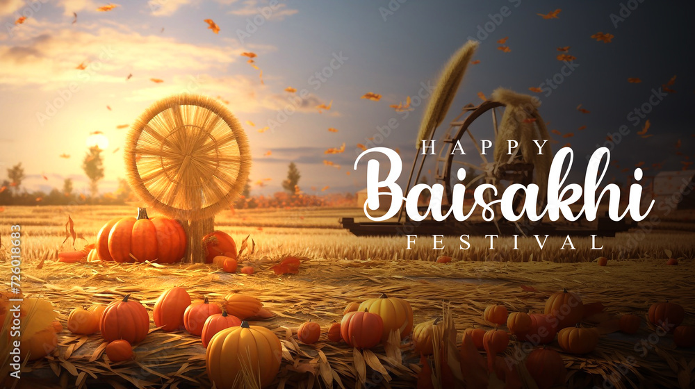 Happy Baisakhi design template, wheat field for Punjabi harvest festival Vaisakhi - obrazy, fototapety, plakaty 