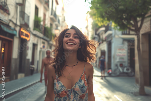 A woman in a floral dress smiles while walking down a street
