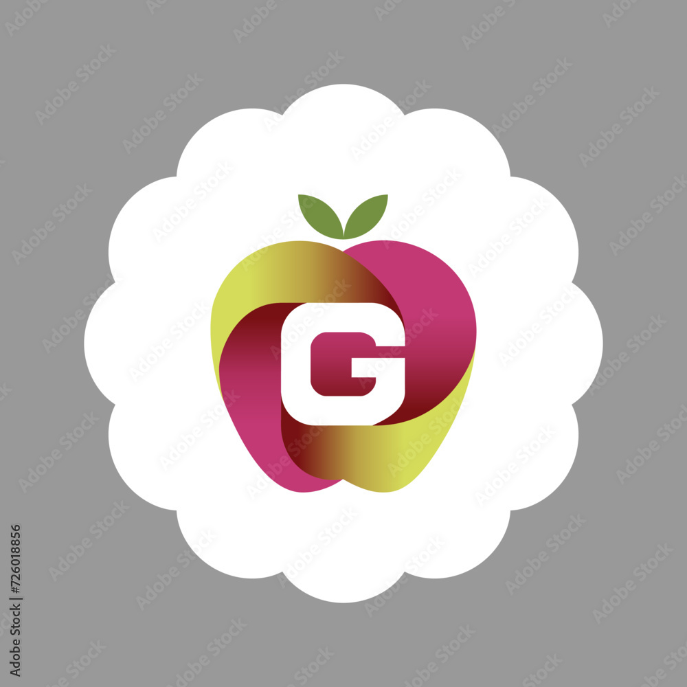 The logo is an illustration of an apple in the middle forming the letter G. Three-dimensional The logo is an illustration of an apple in the middle forming the letter G. Three-dimensional