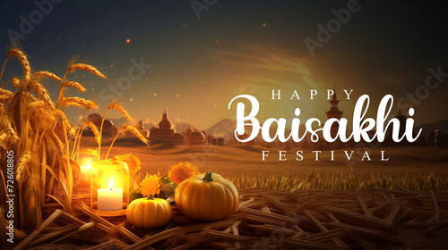 Happy Baisakhi design template, wheat field for Punjabi harvest festival Vaisakhi photo