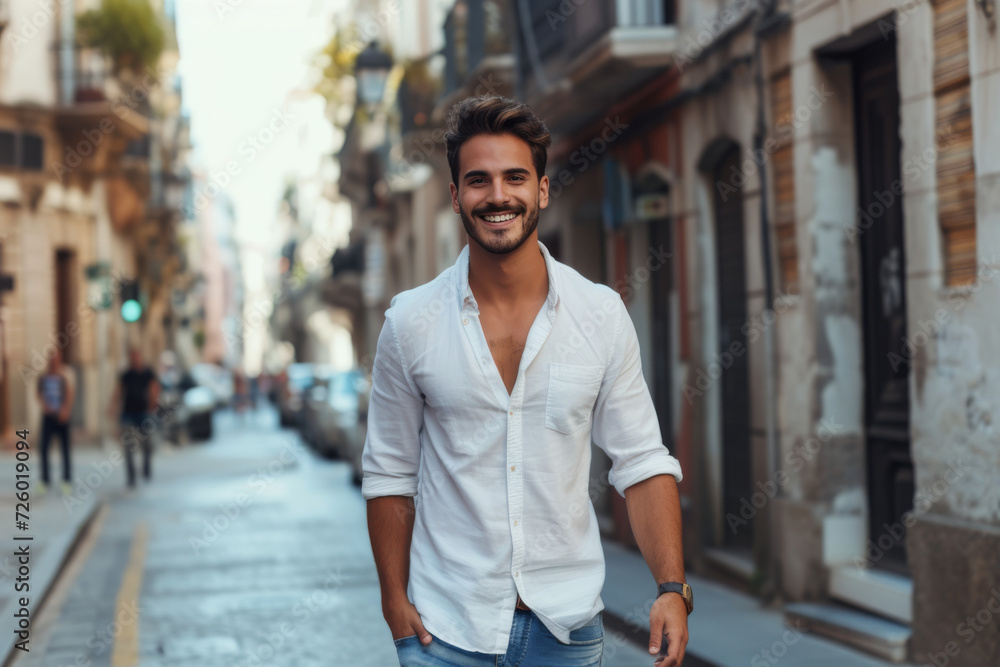 Obraz premium A man in a white shirt is walking down a street