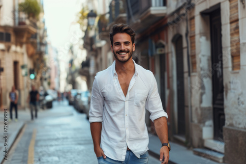 A man in a white shirt is walking down a street