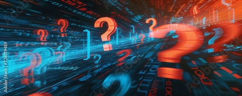 red question marks in a digital data stream, representing online search and information overload