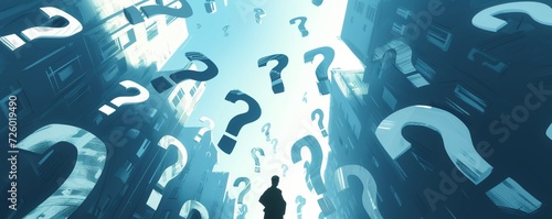 Digital art of numerous question marks suspended above cityscape, symbolizing confusion or curiosity photo